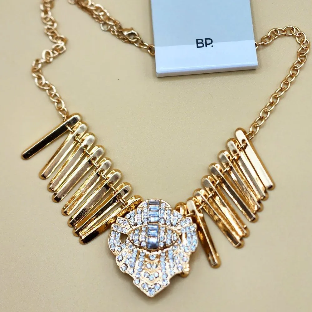 NEW Statement Polished Gold Fringe Rhinestone Center Dressy Runway Necklace